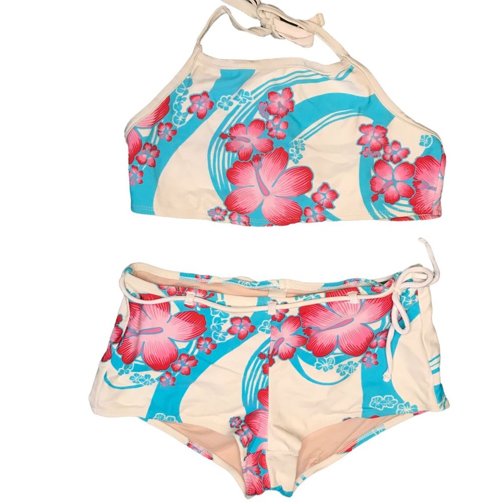Old Navy Girls Size 12 Blue Pink White Flower Bikini Set Adjustable Ties